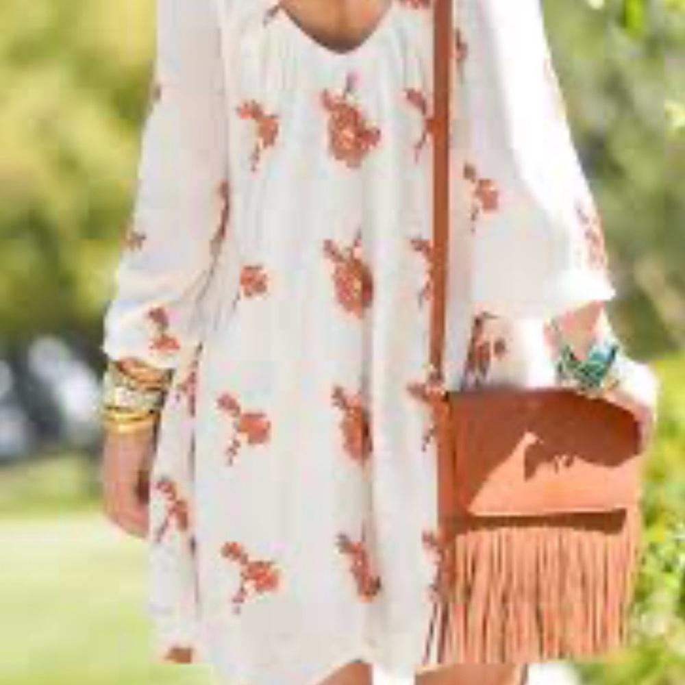 Free People Cream and Orange Floral Long Sleeve Dress - Picture 7 of 13